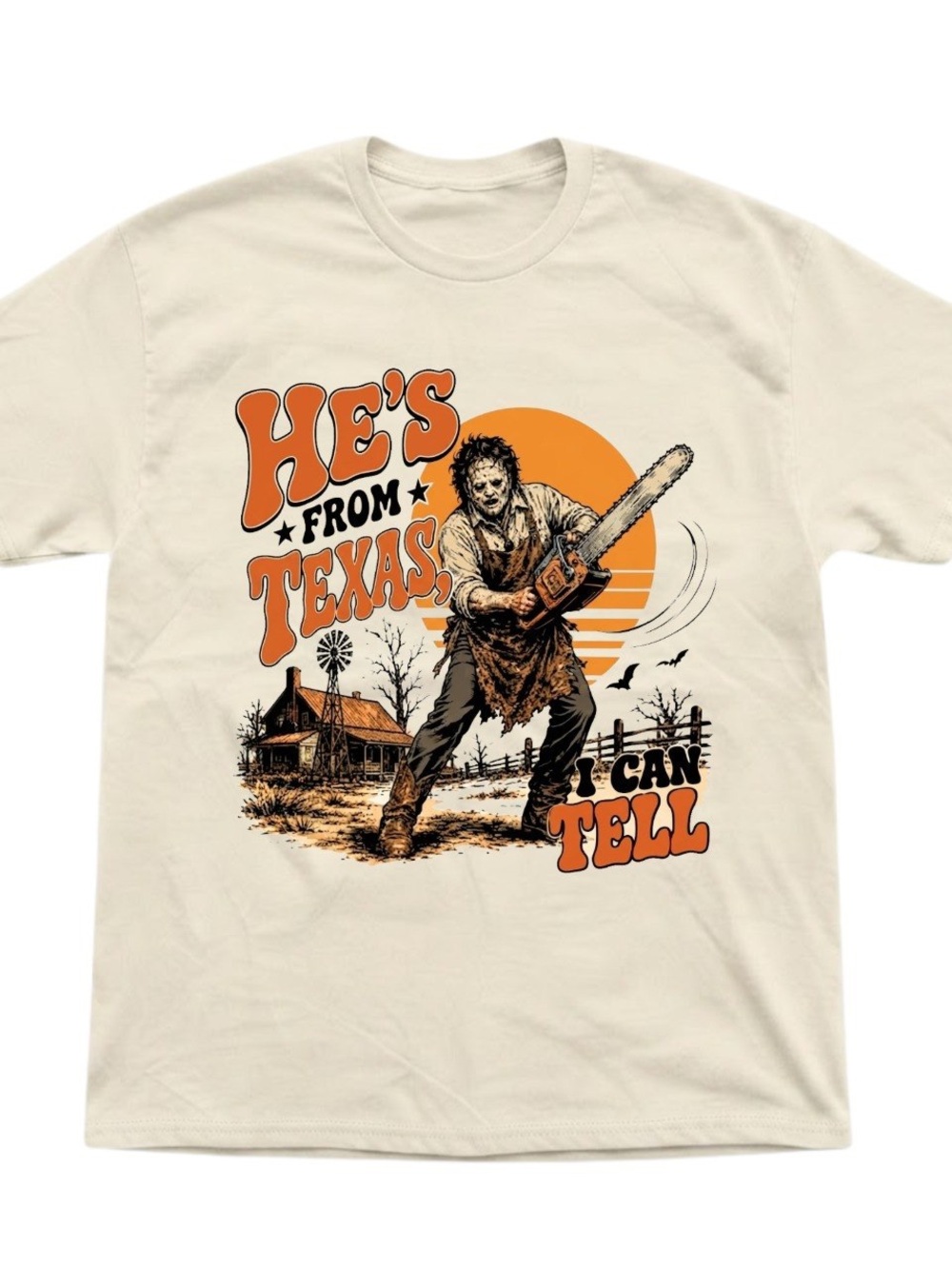 Horror Movie Graphic Tee: Texas Chainsaw Theme Cream Gildan T-Shirt
